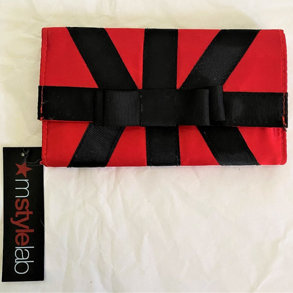 NWT Mstylelab Red Satin/Black Bow Simple Clutch